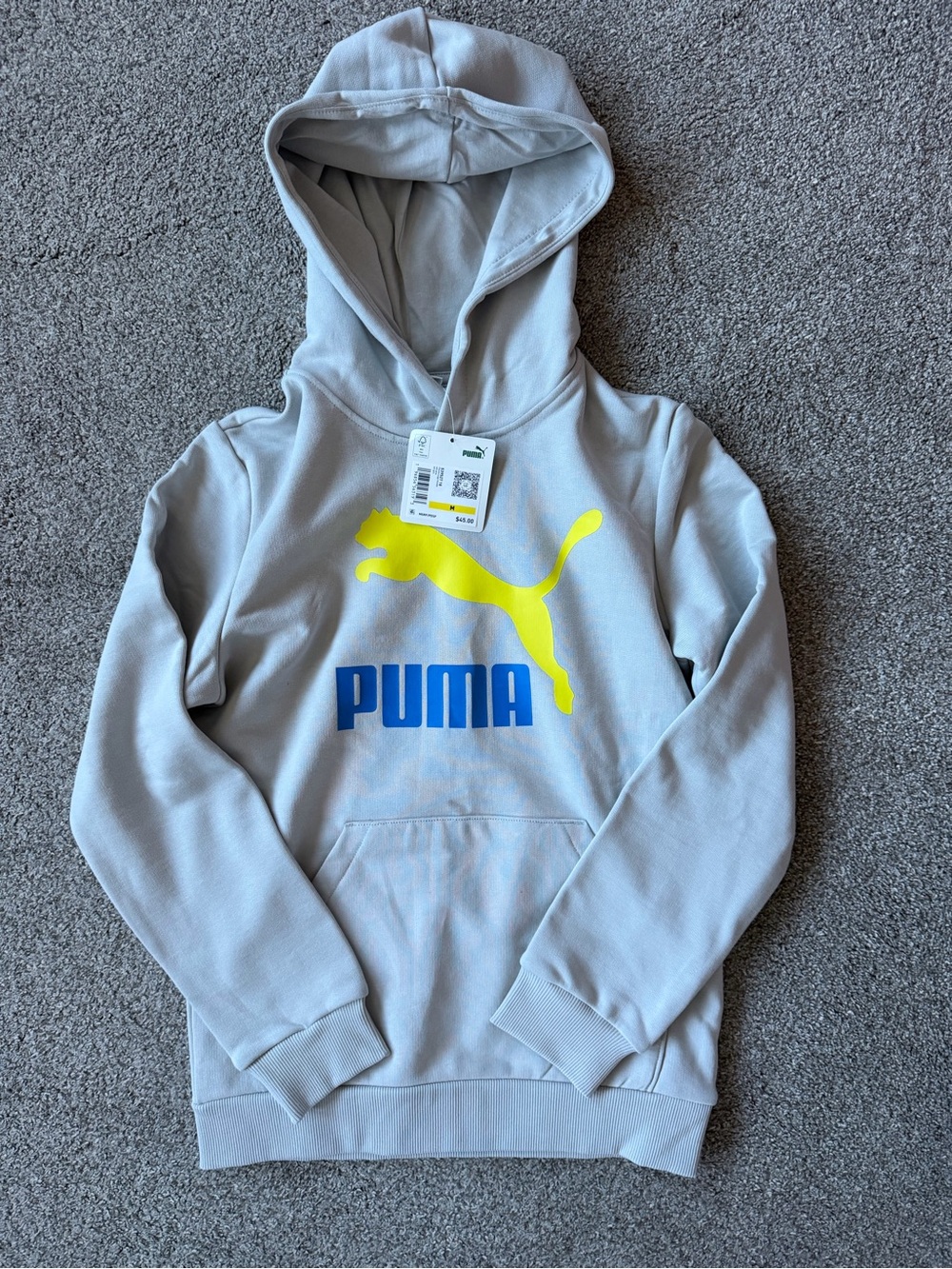 Puma Boy's Light Gray Hoodie with Yellow Blue Logo 10/12 Medium
